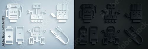 Set Mars rover, Mechanical robot hand, Battery, Soldering iron, Robot and low battery charge icon. Vector