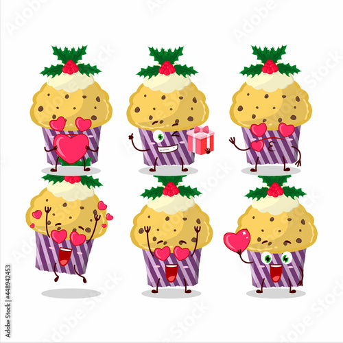 Cupcake with holly berry cartoon character with love cute emoticon