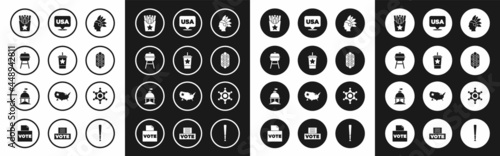 Set Native American Indian, Paper glass with straw, Barbecue grill, Potatoes french fries in box, Hotdog sandwich, USA Independence day, Hexagram sheriff and White House icon. Vector