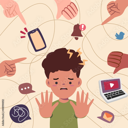kid using social media likes handphone too much having great possibility to get cyber harrasment bullying vector illustration