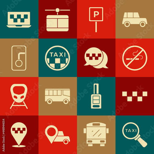 Set Magnifying glass and taxi car, Taxi roof, No Smoking, Parking, City map navigation, Laptop call service and telephone icon. Vector