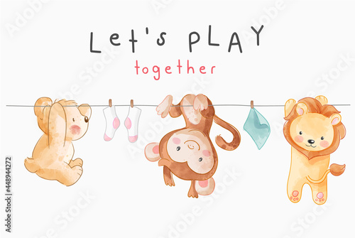 let's play slogan with cute animals hanging on the rope illustration