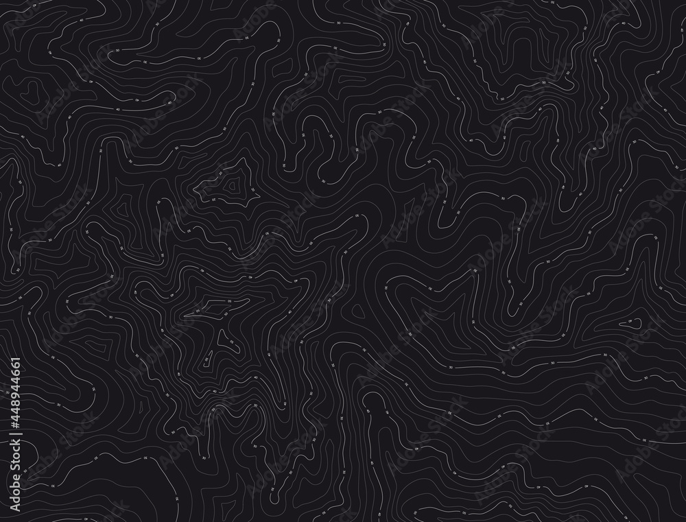 Vector seamless background with white texture topographic contour line, isolines. Map. Isolated on black background.