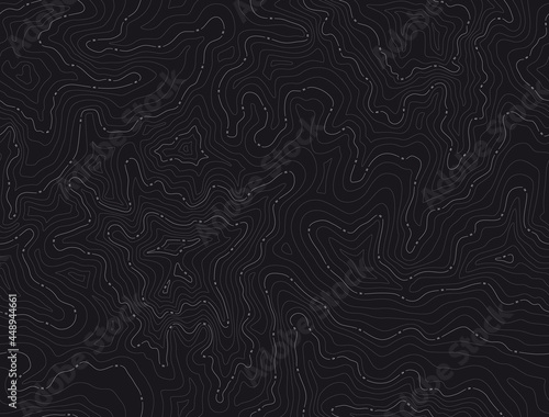 Vector seamless background with white texture topographic contour line, isolines. Map. Isolated on black background.