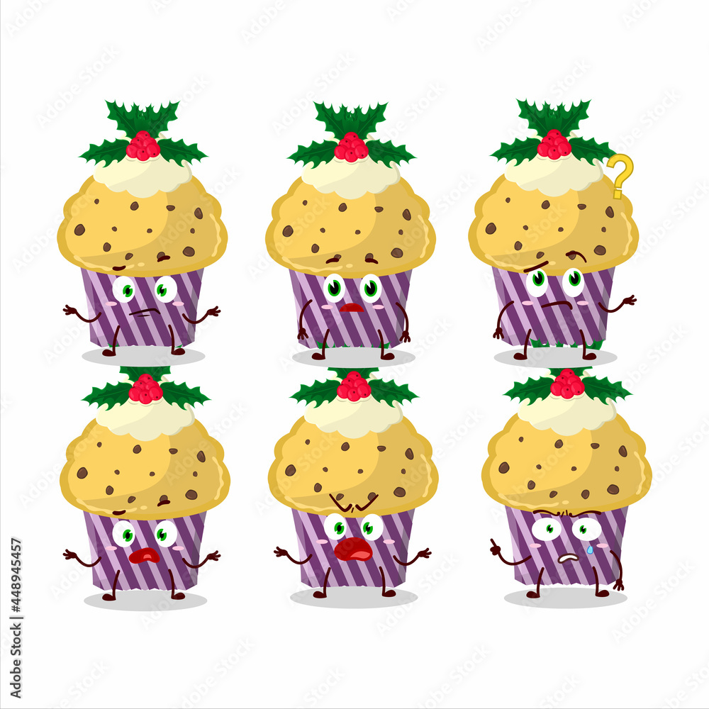 Fototapeta premium Cartoon character of cupcake with holly berry with what expression