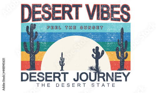 Desert journey vector design. Cactus with colorful stripe background t shirt artwork.