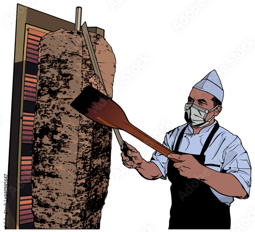 Cook Preparing a Turkish Doner Kebab - Colored Illustration Isolated on White Background, Vector