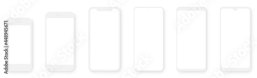 Clay models smartphone with transparent screens. Smartphone mockup collection. Device front view. 3D mobile phone with shadow - stock vector.
