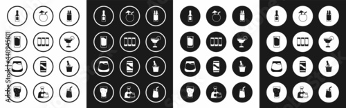 Set Cocktail Bloody Mary, Shot glass, Champagne bottle, Coconut cocktail, in an ice bucket and Glass of whiskey icon. Vector