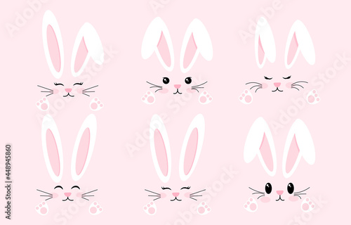 Easter Bunny set. Cute rabbit face with different emotions. Symbol of Great Easter. Cute design elements. White long ears, muzzle and paws. Cartoon flat vector collection isolated on pink background