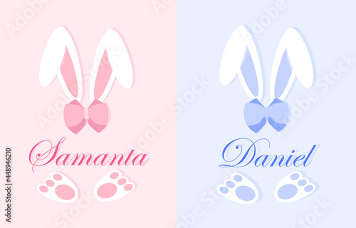 Easter bunny name plate concept. Boy and girl frame. Beautiful long rabbit ears, paws and bow. Clipart for personal invitations. Cartoon modern flat vector collection on pink and blue background