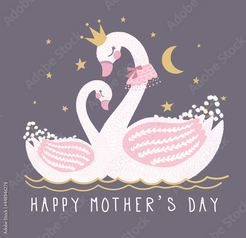 Beautiful queen swan and little baby swan in the night hand drawn vector illustration. Can be used for t-shirt print, kids wear fashion design, baby shower invitation card.