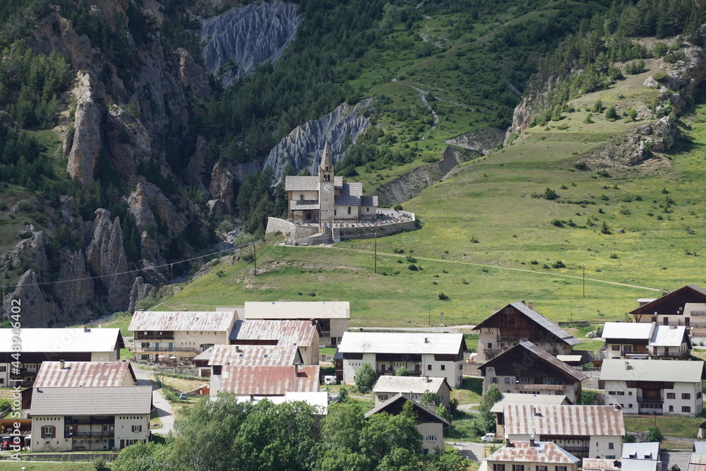 village, on high church and cemetery in the mountains in the french alps