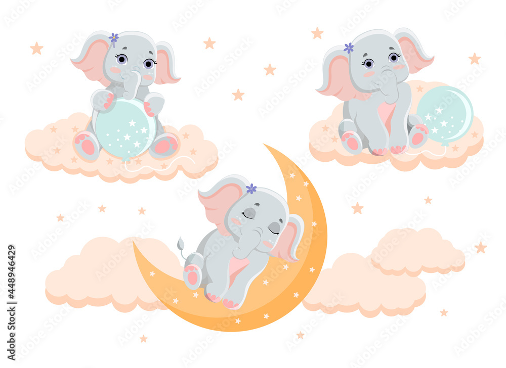 Collection of cute little elephants. Exotic animal with balloon sits on cloud and sleeps on the moon. Cool stickers, design elements. Cartoon modern flat vector set isolated on white background Collection of cute little elephants. Exotic animal with balloon sits on cloud and sleeps on the moon. Cool stickers, design elements. Cartoon modern flat vector set isolated on white background