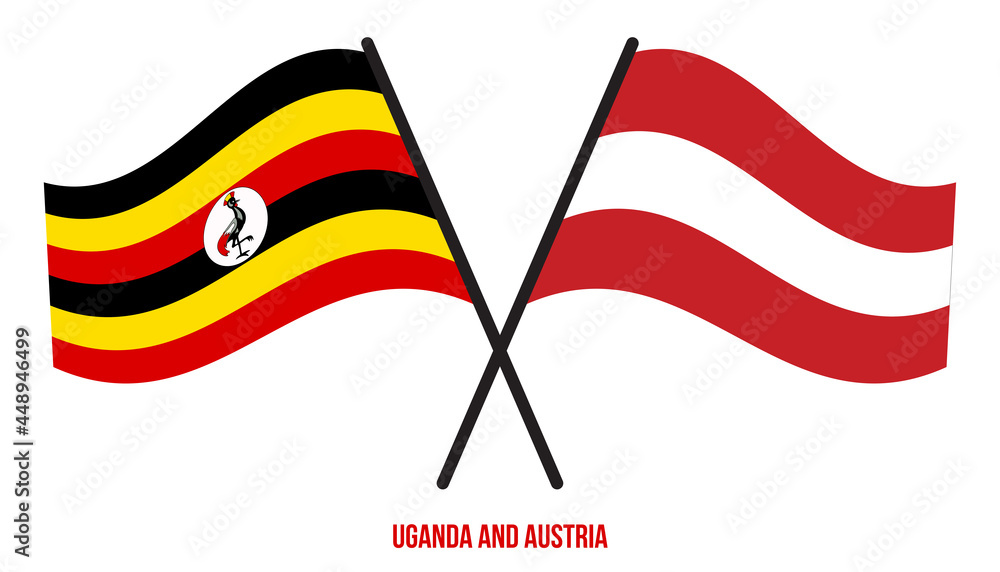 Uganda and Austria Flags Crossed And Waving Flat Style. Official Proportion. Correct Colors.