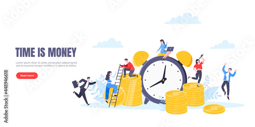 Time is money or save time business concept flat style vector illustration isolated on white background. Financial investment and marketing planning of money growth with US coin, big clock and people.