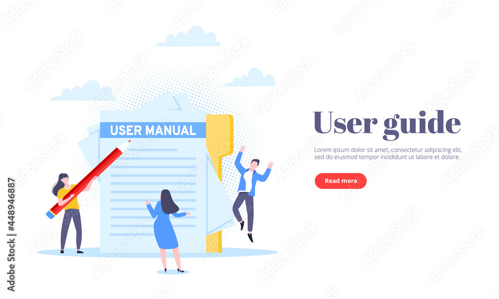 User manual guide book flat style design vector illustration. Tiny people and giant pencil working together with guide book. Specifications user guidance document. User manual guide book flat style design vector illustration. Tiny people and giant pencil working together with guide book. Specifications user guidance document.
