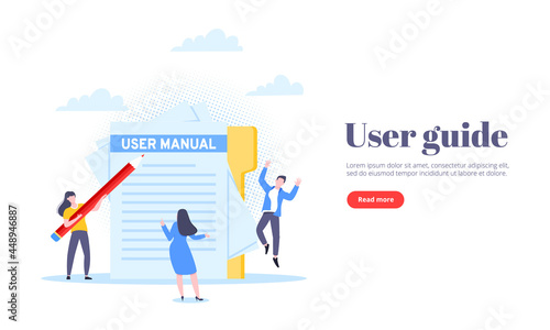 User manual guide book flat style design vector illustration. Tiny people and giant pencil working together with guide book. Specifications user guidance document.