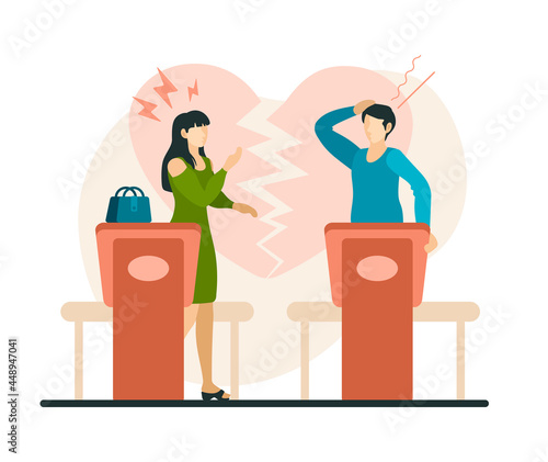 Family divorce in court. Female and male characters fight and sort out their attitude in courtroom. Relationship split and psychological stress. Division of property and children. Vector flat concept