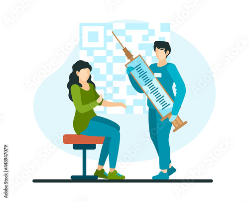 Mandatory vaccination with qr code. Doctor with syringe injects woman patient. Issuance of covid passport for travel and visits. Prevention of pandemic with immunization. Vector flat concept