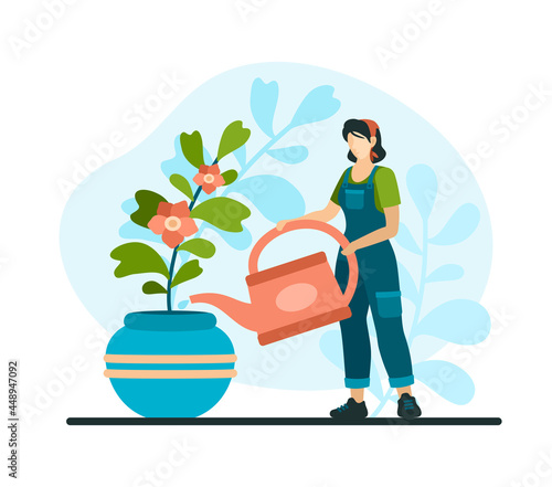 Professional home plant care. Female character with watering indoor flower in vase. Florist grows beautiful new exotic plants. Designer natural interior for home and office. Vector flat illustration