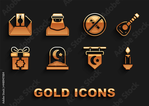 Set Muslim cemetery, Lute, Burning candle, Star crescent, Gift box, No Smoking, Donate or pay your zakat and woman niqab icon. Vector