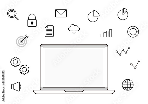 パソコン　アナリティクス　アプリ　線画　アイコン　セット