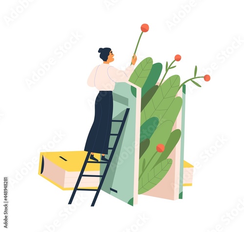 Person with book on botany. Student studying academic literature and textbooks about plants. Botanist reader with encyclopedia. Education concept. Flat vector illustration isolated on white background