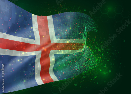 Iceland, vector 3d flag on green background with polygons and data numbers