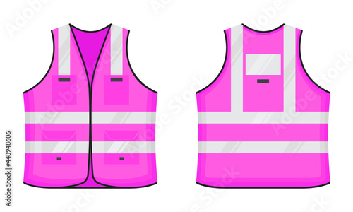 Safety reflective vest icon sign flat style design vector illustration set. Pink fluorescent security safety work jacket with reflective stripes. Front and back view road uniform vest.