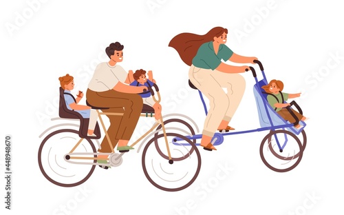 Happy family riding bicycle together. Parents and children cycling. Mother, father and kids traveling on bike. Active mom, dad and child. Flat vector illustration isolated on white background