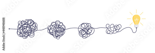 Complex easy simple way from start to idea. Chaos simplifying, problem solving and business solutions idea searching concept vector illustration. Hand drawn doodle scribble chaos lines and light bulb.