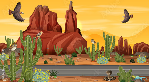 Road through the desert forest landscape scene with desert animals
