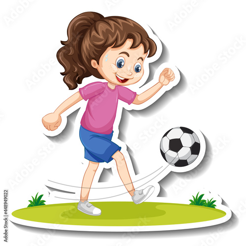 Cartoon character sticker with a girl playing football