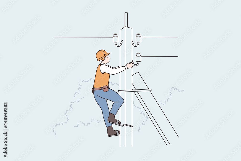 Lightning equipment and workers concept. Man Lineman worker climbing up telephone post, high voltage vector illustration  - obrazy, fototapety, plakaty 