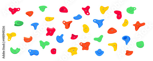 Set of climbing grips or holds in the gym bouldering training flat style design vector illustration set. Holds for the rock climbing walls. Crimps, jugs, pinches, slopers elements icon signs.