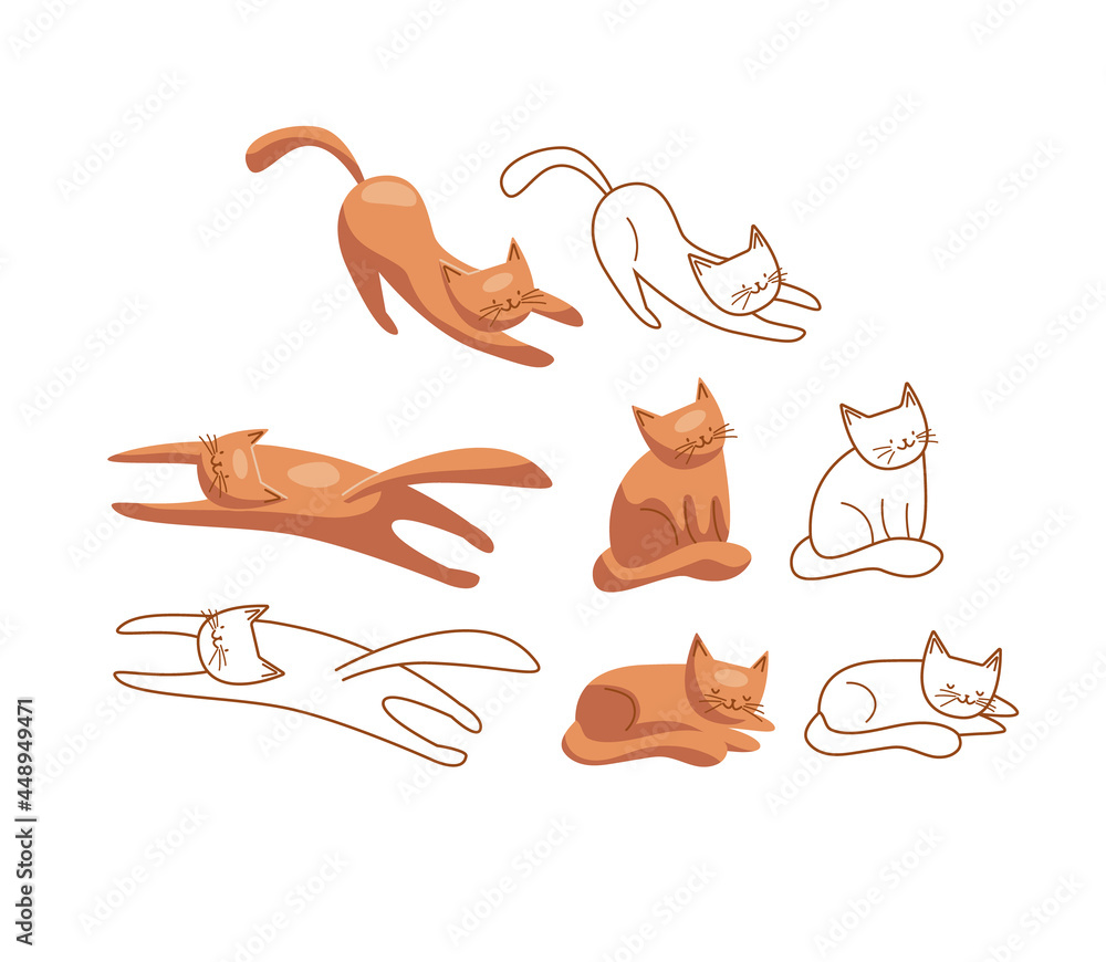Set of red cats in outline and flat style. Vector isolated color illustration on white background.