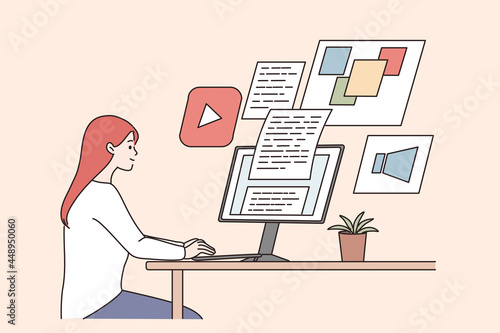Creativity, remote work, freelance concept. Young smiling woman designer sitting working on computer looking at screens and documents illustration vector