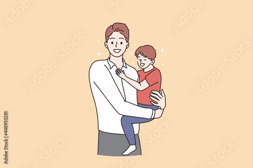 Happy fathers day and childhood concept. Smiling positive man parent dad standing and holding his smiling son child on hands vector illustration 