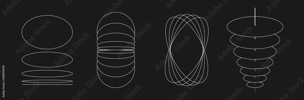 Set of retrofuturistic circle shapes. Cyber retro design elements. Collection of perspective circular in cyberpunk 80s style. Circle geometry for poster, cover retrowave style. Vector