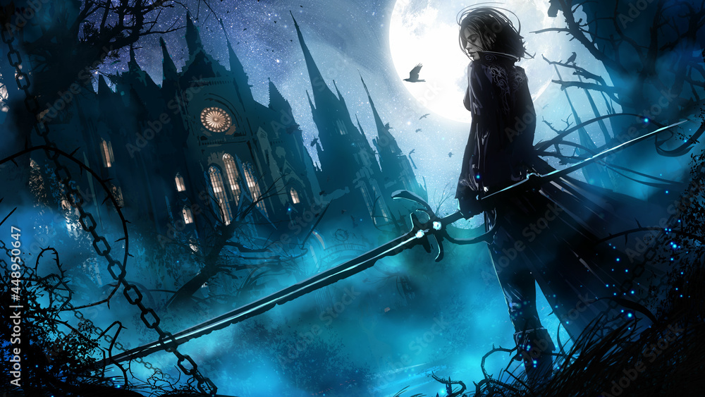 A beautiful vampire hunter girl in a leather suit with a long magic saber stands at the entrance to a huge Gothic sabor, it's night and fog outside, a bright full moon illuminates the estate. 2d art - obrazy, fototapety, plakaty 