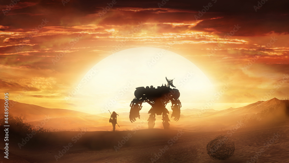 Two silhouettes of a satellite a beautiful slender girl and a huge combat clumsy robot with giant fists are going to meet a huge bright yellow sun in the middle of a hot sandy desert 2d illustration