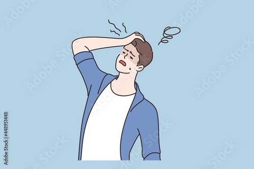 Man fainting and Symptom of disease concept. Sick unhappy irritated man cartoon character standing holding head having dizziness vector illustration photo