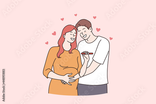 Happy relationship and expecting for baby concept. Happy couple man and woman cartoon characters standing hugging holding positive pregnancy test vector illustration 