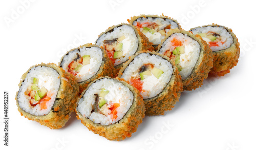 Japanese sushi tempura roll isolated on white
