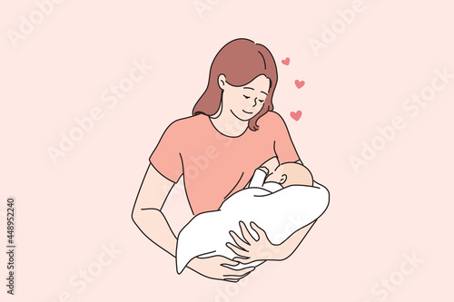 Breastfeeding, happy motherhood and childhood concept. Happy loving young woman mother feeding her baby with breast milk vector illustration 