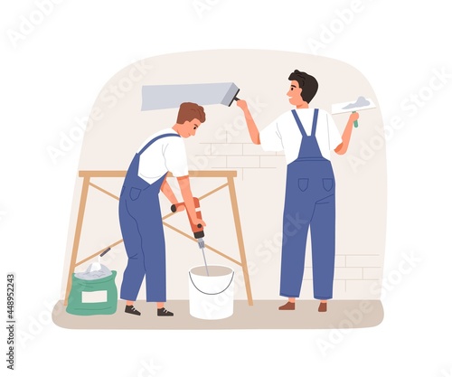 Plasterers smoothing, plastering and covering wall surface with putty, spackling paste and spatula. Professional repair workers working. Flat vector illustration isolated on white background