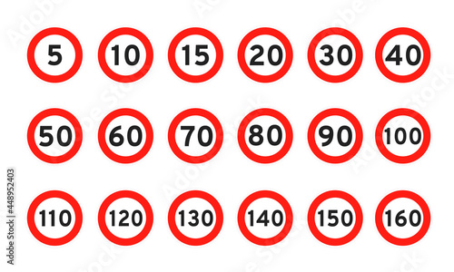 Speed limit 5, 10, 15, 20, 30, 40, 50, 60, 70, 80, 90, 100 round road traffic icon sign flat style design vector illustration set isolated on white background. Circle standard road sign number kmh.