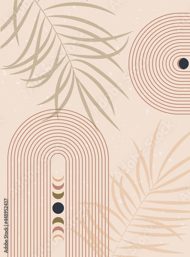 Abstract contemporary aesthetic background with Moon phases, Long Rainbow design. Earth tones, terracotta colors. Boho wall decor. Mid century modern minimalist art print. Vector illustration.
