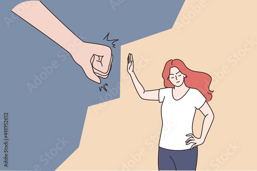 Female abuse and harassment concept. Strong woman cartoon character fighting domestic violence and violent treatment of women trying to Stop violence vector illustration